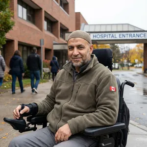 A middle-aged man with a beard and a tan kufi cap sitting in a powered wheelchair, wearing an olive-green fleece jacket with a small Canadian flag patch on the sleeve, posing in front of a brick hospital entrance.