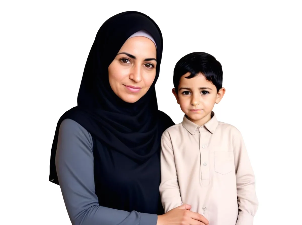 A mother wearing a black hijab and gray long-sleeved shirt stands beside her young son, who is dressed in a beige collared shirt, both looking toward the camera against a white background.
