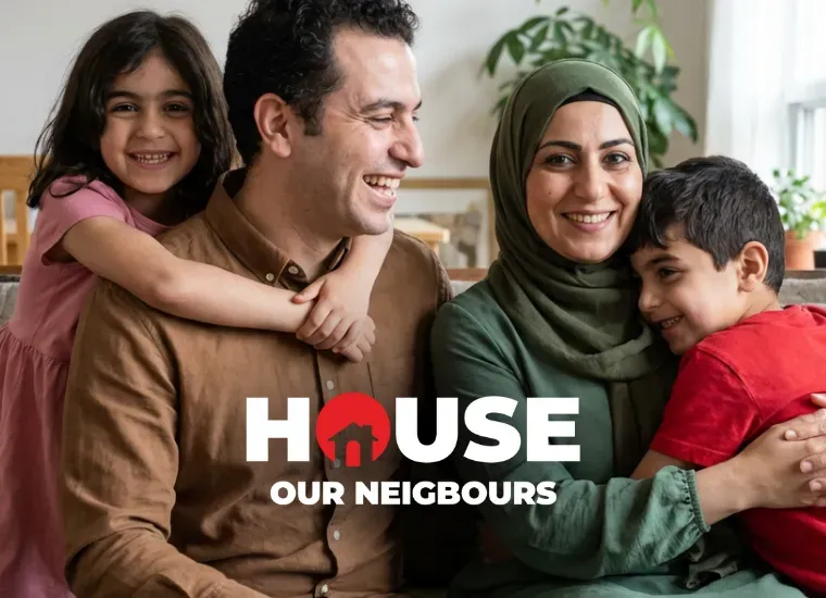 A happy family of four, including a mother wearing a green hijab and a father, sitting together while hugging their young daughter and son. Overlaid in the center is the text "HOUSE OUR NEIGHBOURS" with a red circle icon depicting a house silhouette replacing the letter O.