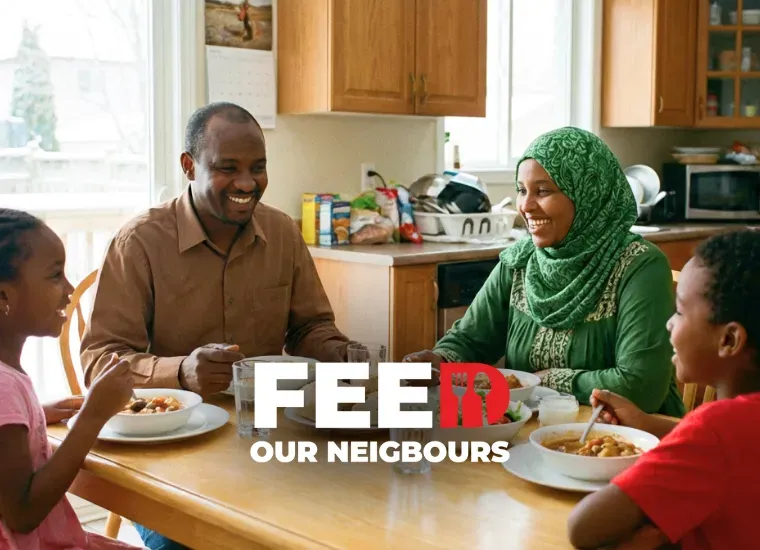 A family of four sits at a kitchen table eating a meal together. A man and a woman wearing a green hijab smile at each other, flanked by two children. Text overlay reads "FEED OUR NEIGHBOURS" with a red fork icon integrated into the lettering.