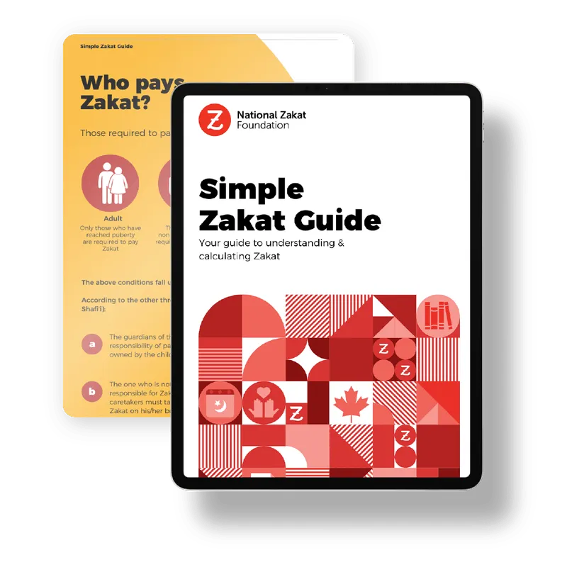 A digital tablet and brochure from the National Zakat Foundation displaying the Simple Zakat Guide, an educational resource for understanding and calculating Zakat requirements.