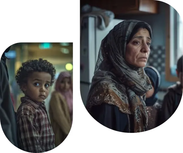 A collage of two scenes: on the left, a young boy with curly hair in a plaid shirt looks back with a serious expression, while on the right, a woman wearing a patterned hijab looks off-camera with a somber, worried gaze.