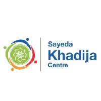 The logo for the Sayeda Khadija Centre features a circular emblem composed of colorful, stylized human figures surrounding a central geometric pattern, next to the text "Sayeda Khadija Centre."