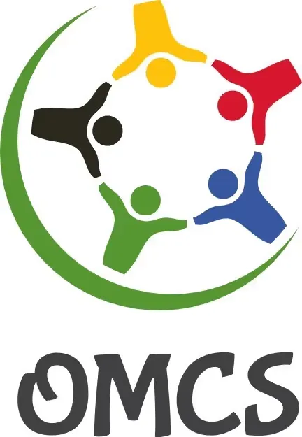 A logo featuring five stylized figures in yellow, red, blue, green, and black holding hands in a circle, enclosed by a green arc, with the text "OMCS" written in a dark gray, rounded font below.