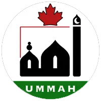A circular logo featuring a black silhouette of a mosque with a minaret, topped by a red Canadian maple leaf, with the word "UMMAH" written in white text on a green banner at the bottom.