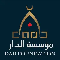 Logo for the Dar Foundation on a dark teal background, featuring a golden arch topped with a crescent moon enclosing a red maple leaf, with the Arabic text "مؤسسة الدار" and English text "DAR FOUNDATION" written below in white.