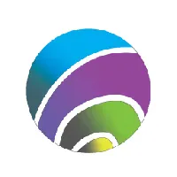 A circular logo composed of curved, layered color bands separated by thin white lines. The bands transition from light blue at the top, to purple, green, and yellow at the bottom, with dark gradients on the left side.