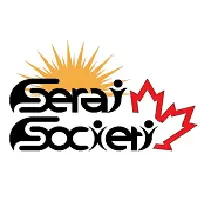 The Seraj Society logo features stylized black text with a rising orange sun behind the word "Seraj" and a red Canadian maple leaf integrated into the right side of the design.