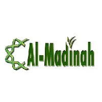 The Al-Madinah logo features dark green text with a subtle drop shadow, accompanied by an intricate, geometric star-shaped emblem on the left and a small leaf graphic above the letter "i."