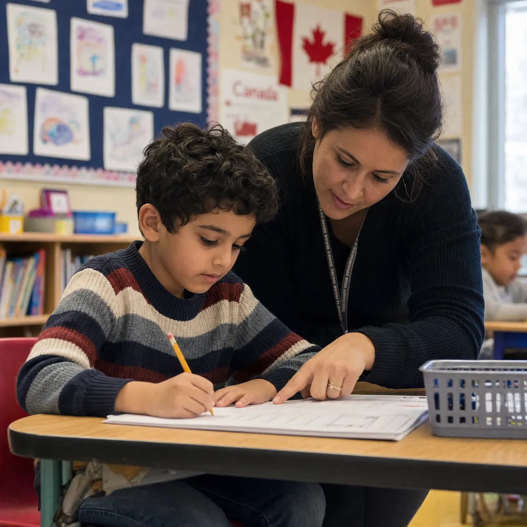 Teacher guides a young boy writing with a pencil at a classroom desk, creating a warm, supportive learning moment.