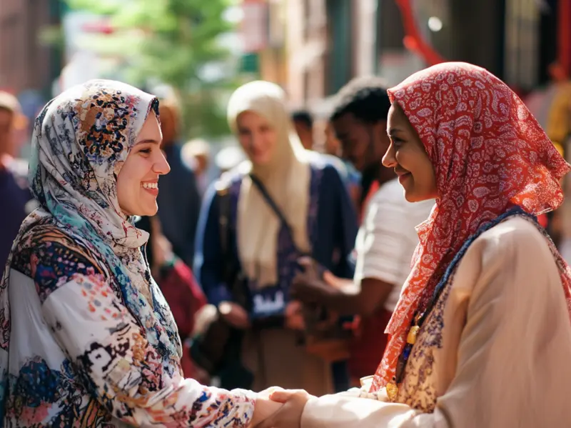 Two women in hijab shake hands in a bustling city, surrounded by a diverse crowd of pedestrians.