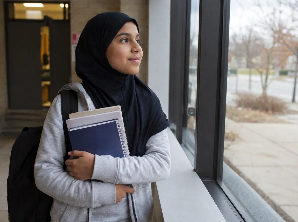 A student in a black hijab and gray hoodie holds notebooks by a campus window, gazing outside with a calm, thoughtful expression
