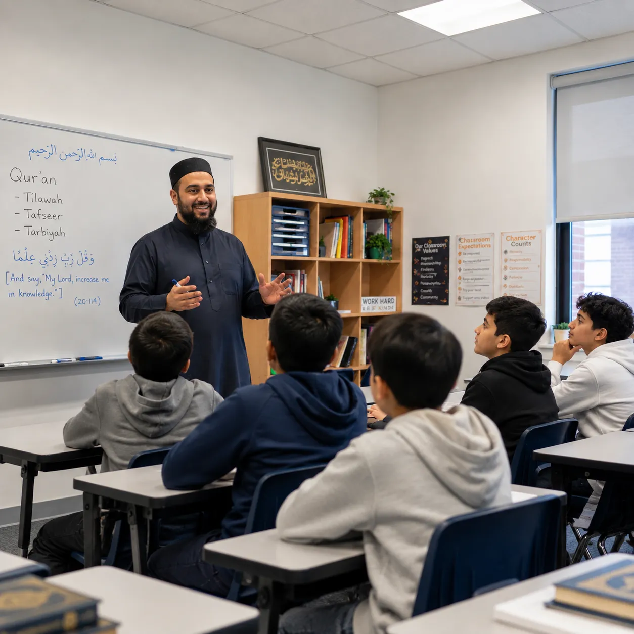 A smiling teacher explains Quran lessons to seated boys in a classroom, gesturing beside a whiteboard with Arabic and English notes.