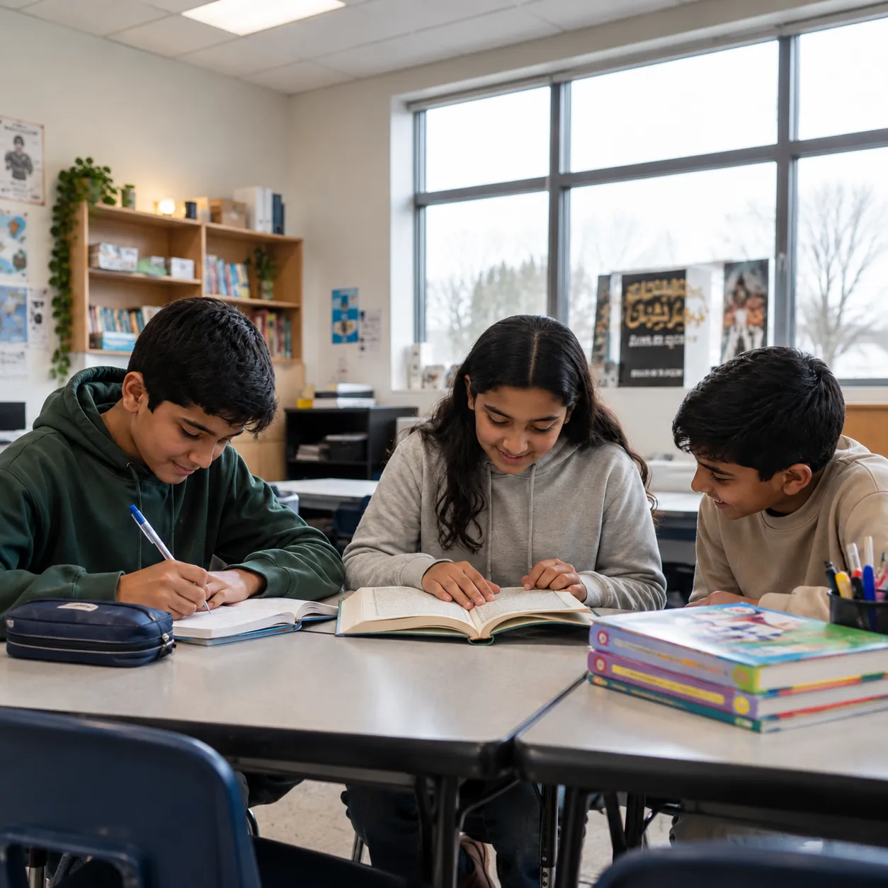 Three teenagers study together in a bright classroom, writing in notebooks and reading an open book, with colorful textbooks nearby; the scene feels focused and friendly.