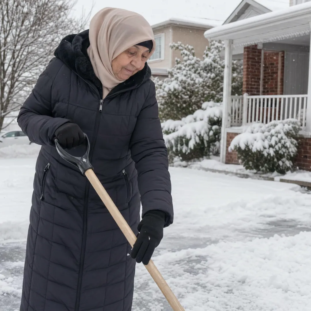 An older woman in a beige headscarf and black winter coat shovels snow from her driveway, with snow-covered shrubs and a quiet home behind her.
