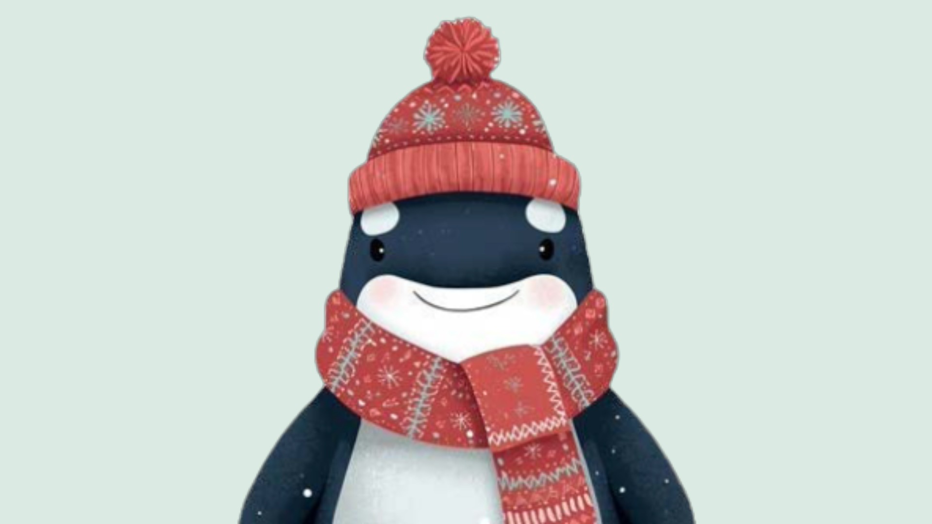 A cartoon orca wearing winter scarf and hat