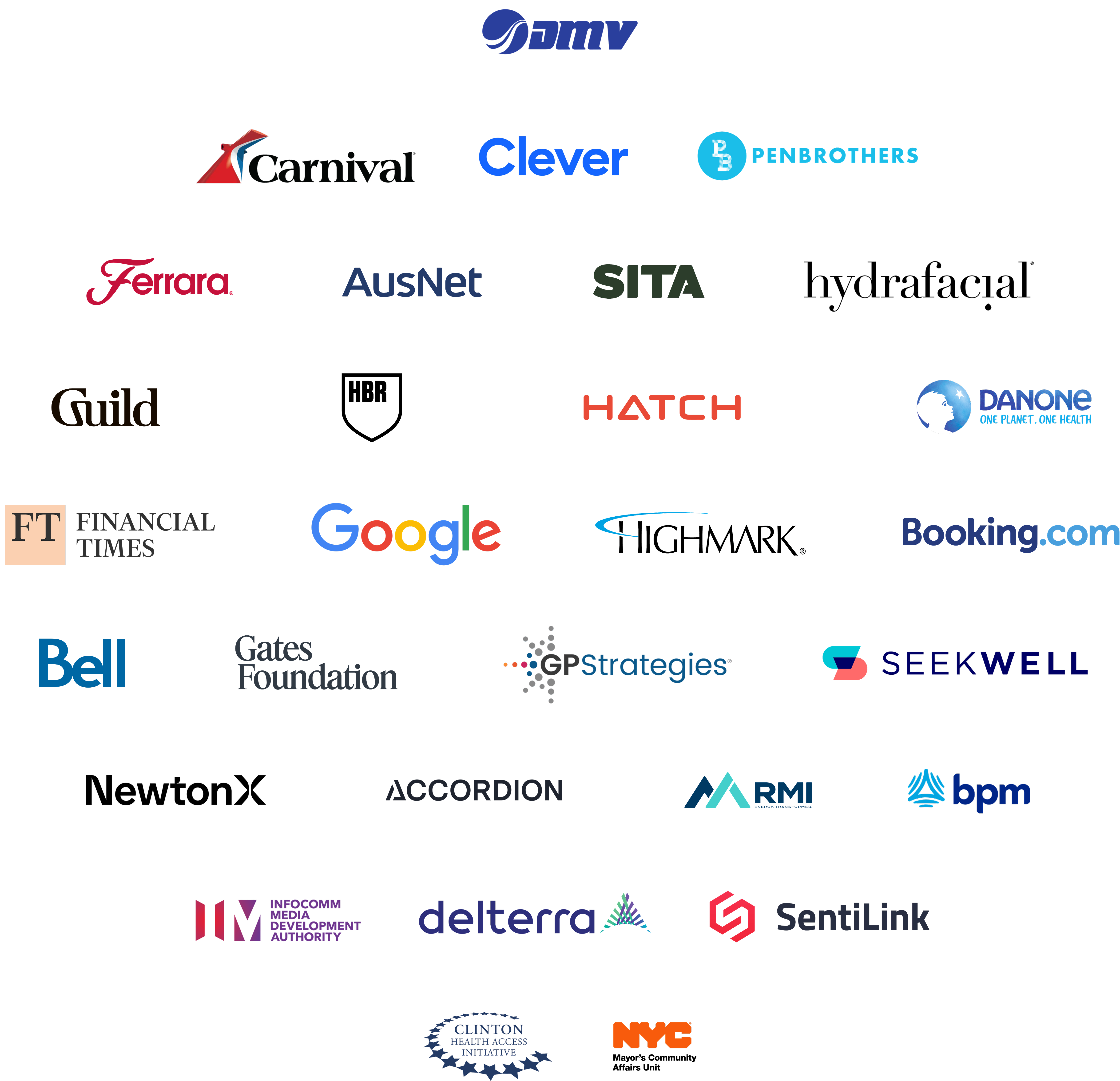 Here is a list of highlighted clients of Sparkwise: Google, HBR (Harvard Business Review), McKinsey Academy, Gates Foundation, DMV (Department of Motor Vehicles), Carnival, Booking.com, Financial Times (FT), Ferrara, Highmark, Clever, Hydrafacial, Bell, RMI (Rocky Mountain Institute), GPStrategies, NewtonX, Accordion, BPM, Sentilink, Hatch, Guild, Penbrothers, Seekwell, Delterra, Clinton Health Access Initiative (CHAI), SITA, Eneco, AusNet, Infocomm Media Development Authority (IMDA)