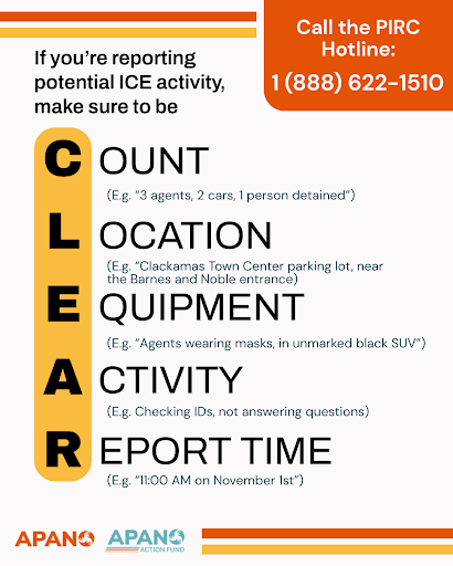 If you’re reporting potential ICE activity, make sure to be CLEAR: Count, Location, Equipment, Activity and Report Time. Call the PIRC hotline: 1-888-622-1510.