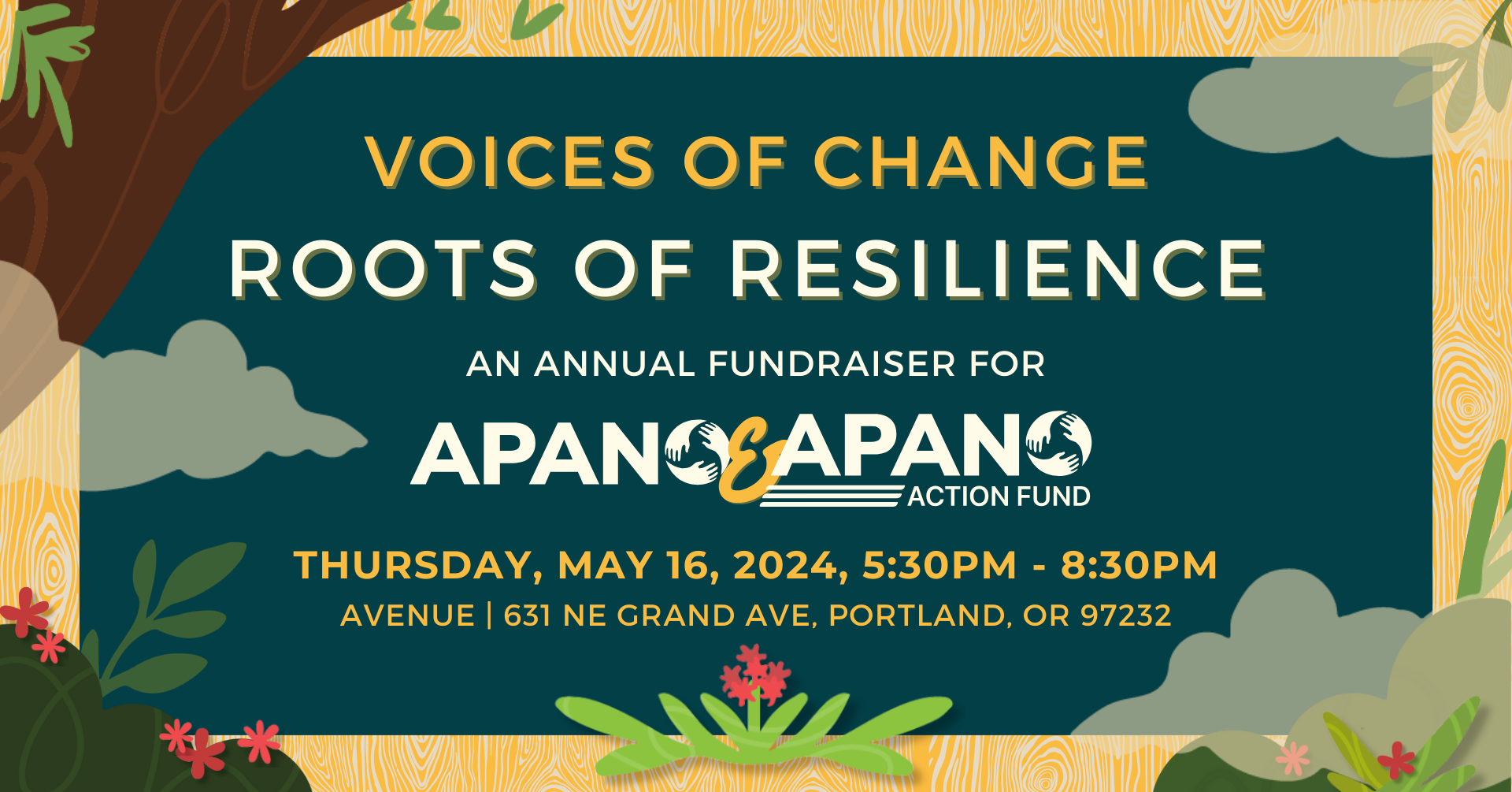 Voices of Change 2023 - a photo of a large open roomwith many tables with white table cloths and black chairs with many people sitting and standing. Lots of smiling faces and people of all ages. 