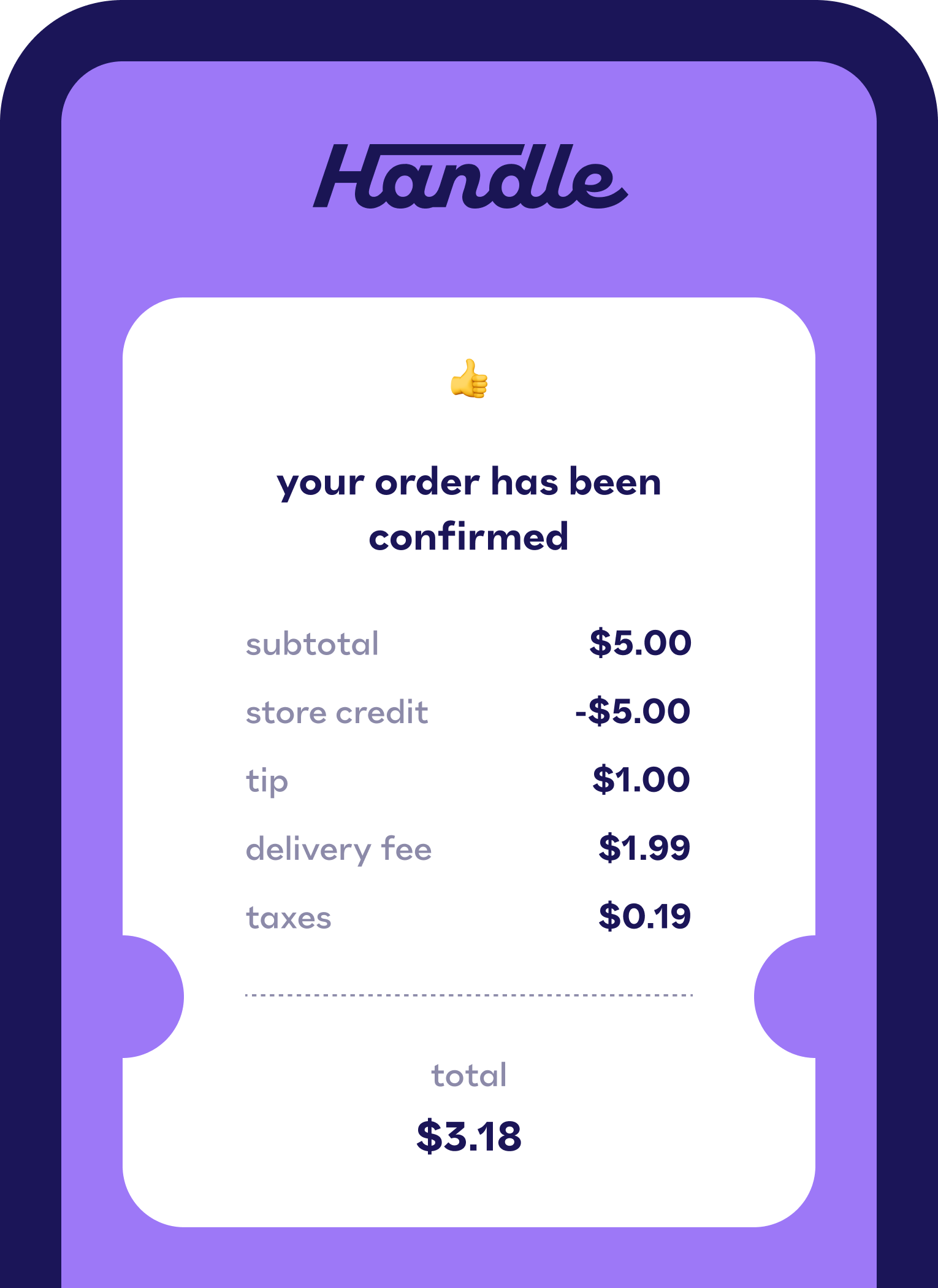 Handle Delivery app showing a order receipt