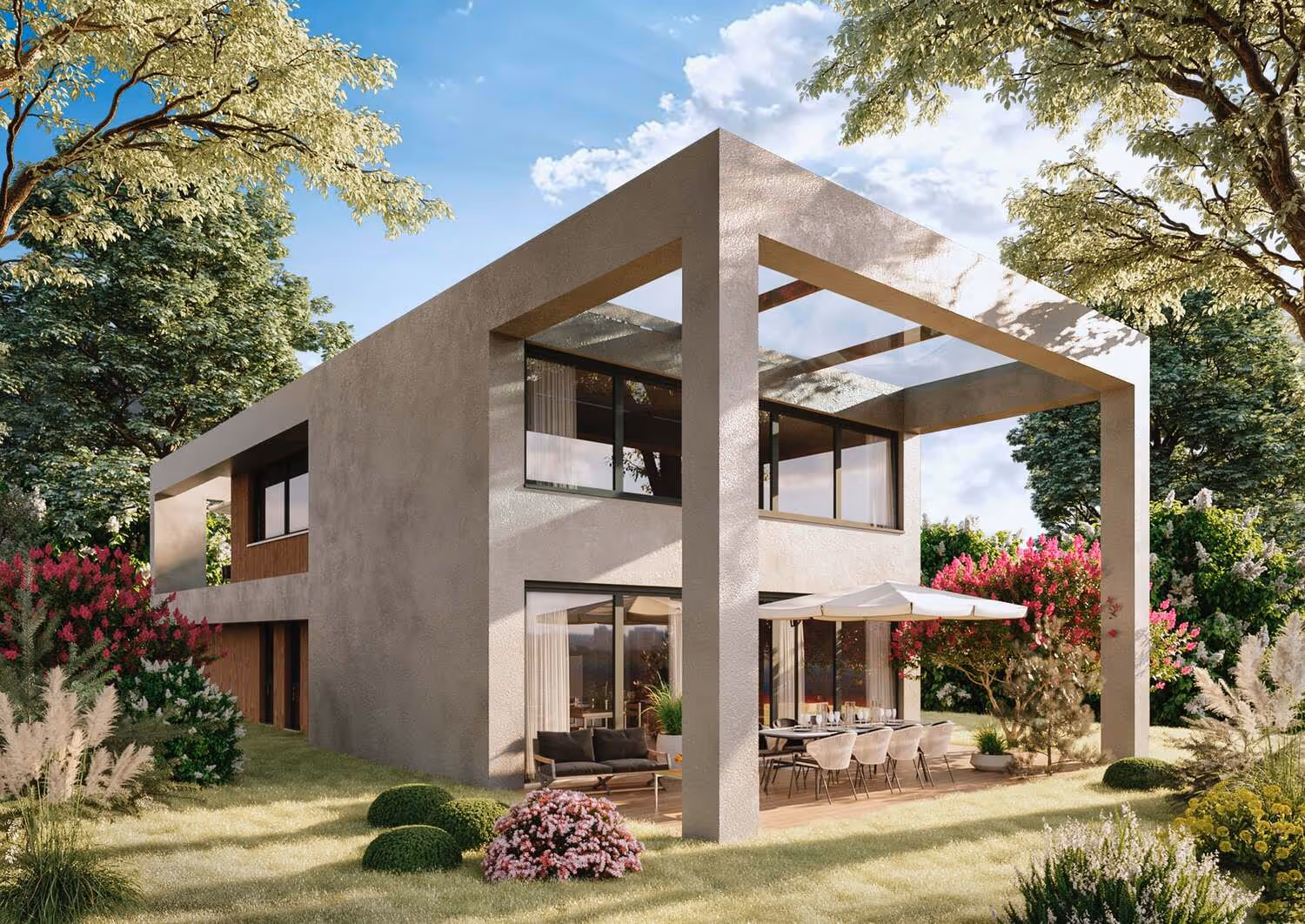 Neubau modernes Einfamilienhaus auf schmalen Grundstück überdachte Terasse auf der Gartenseite
