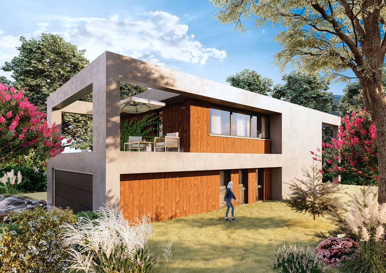 Neubau modernes Einfamilienhaus auf schmalen Grundstück mit Terasse auf der Garage