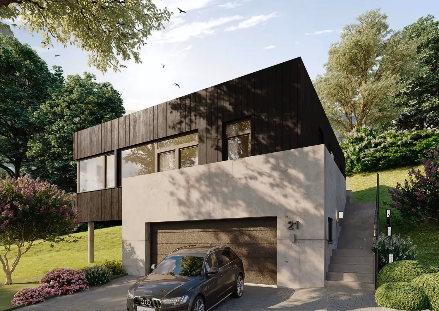 Neubau modernes Einfamilienhaus aus Holz und Beton in Hanglage mit Passivhaus Standard, Außenansicht von vorne mit Hofeinfahrt und Garage