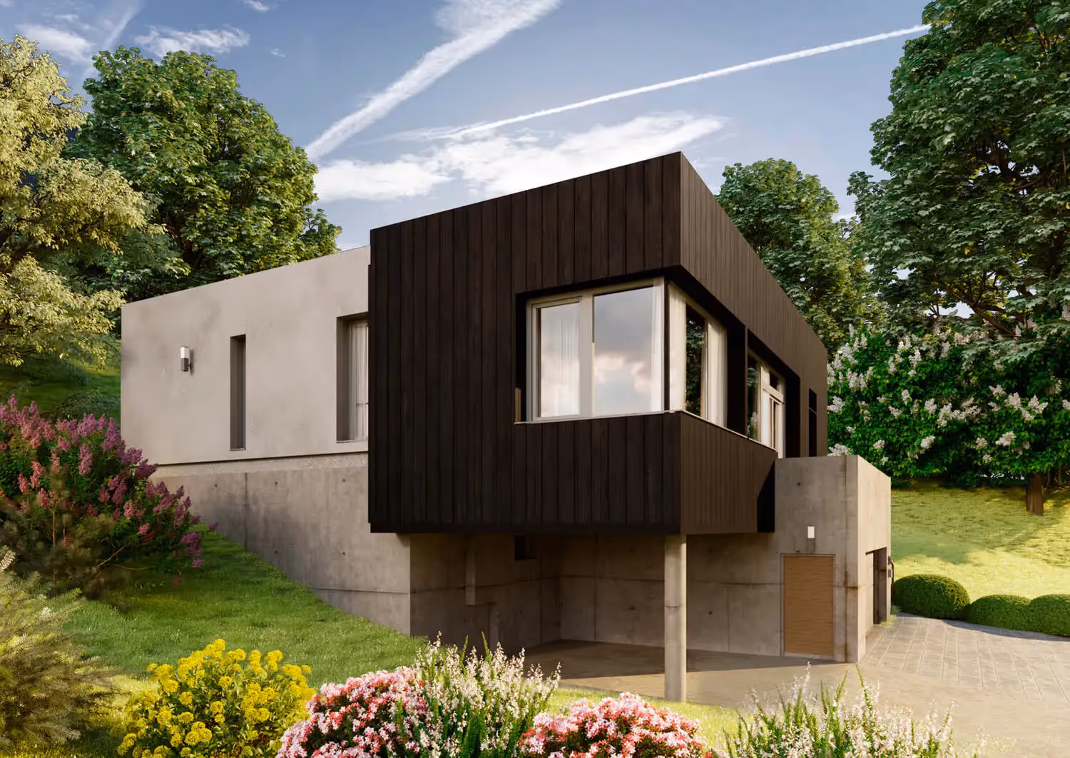 Neubau modernes Einfamilienhaus aus Holz und Beton in Hanglage mit Passivhaus Standard, Seitenansicht