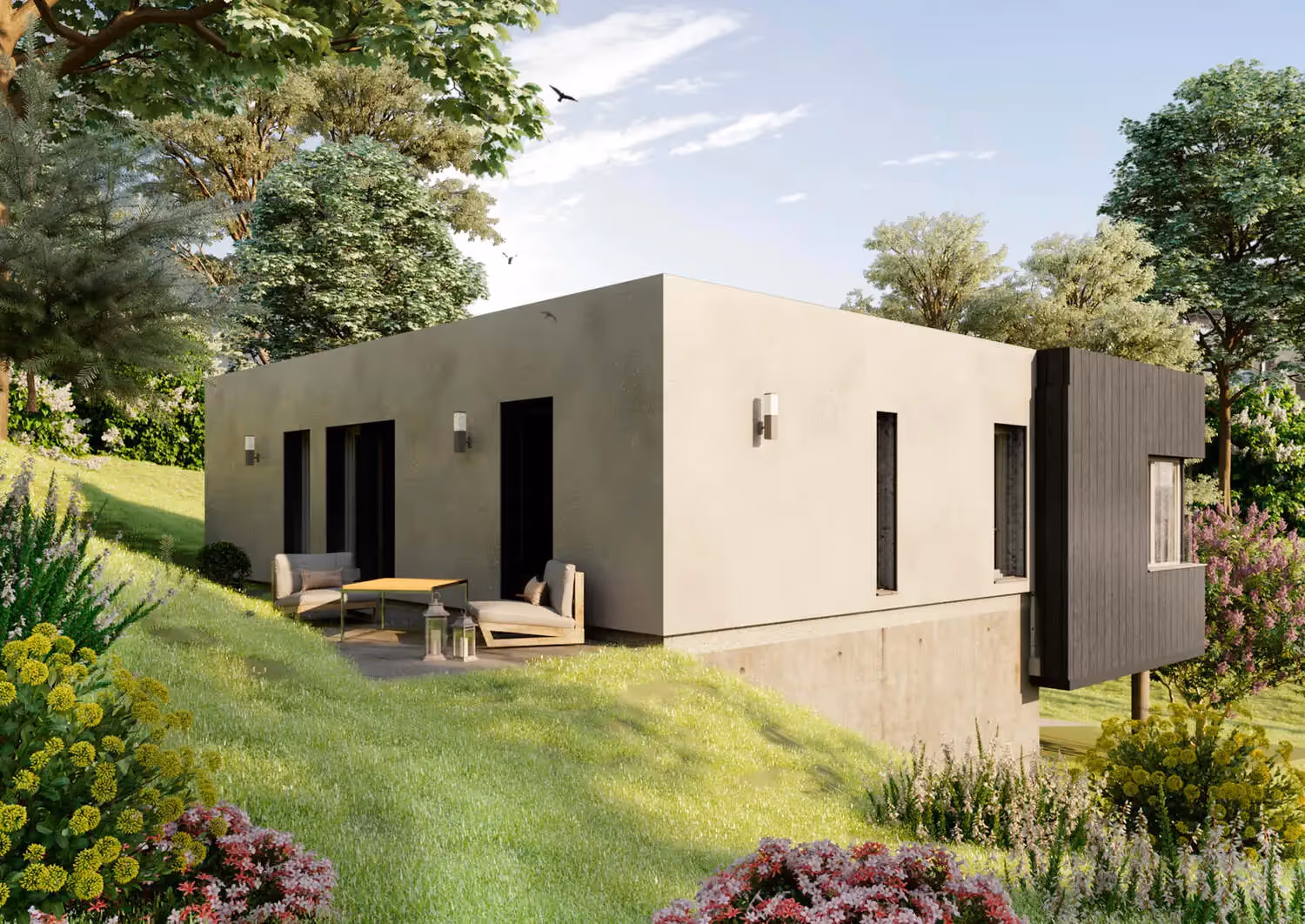Neubau modernes Einfamilienhaus aus Holz und Beton in Hanglage mit Passivhaus Standard, Außenansicht und Sitzecke
