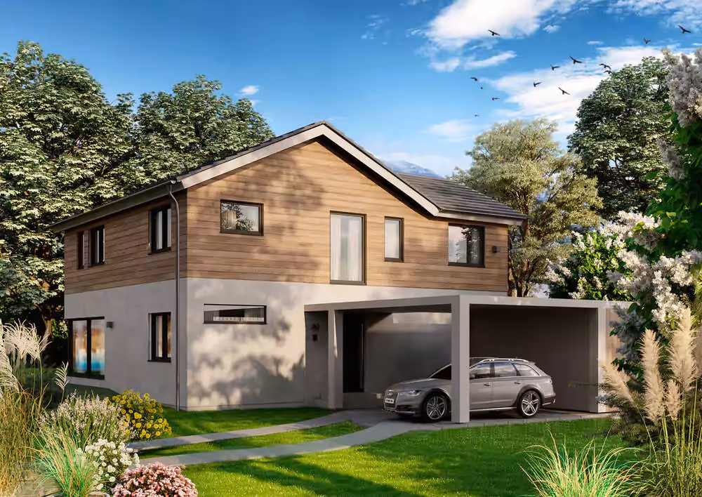 Neubau Einfamilienhaus klassisch modern Außenansicht Haupteingang mit Carport