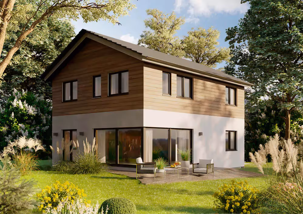 Neubau Einfamilienhaus klassisch modern Außenansicht mit Eckfenster und Terasse