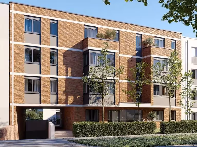 Neubau von zwei Mehrfamilienhäusern mit insgesamt 18 Wohneinheiten Außenansicht der Klinkerfassade