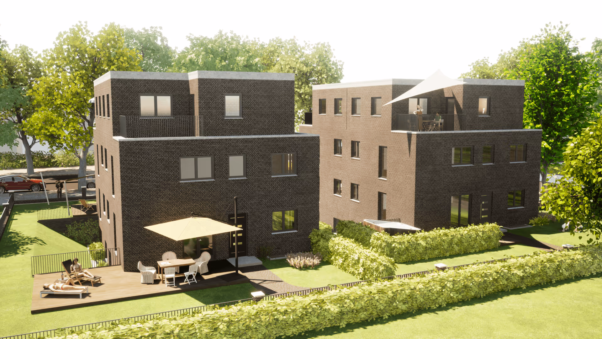 Neubau Mehrfamilienhaus 8 Wohneinheiten 2 Gebäude mit Klinker Terrasse und Garten