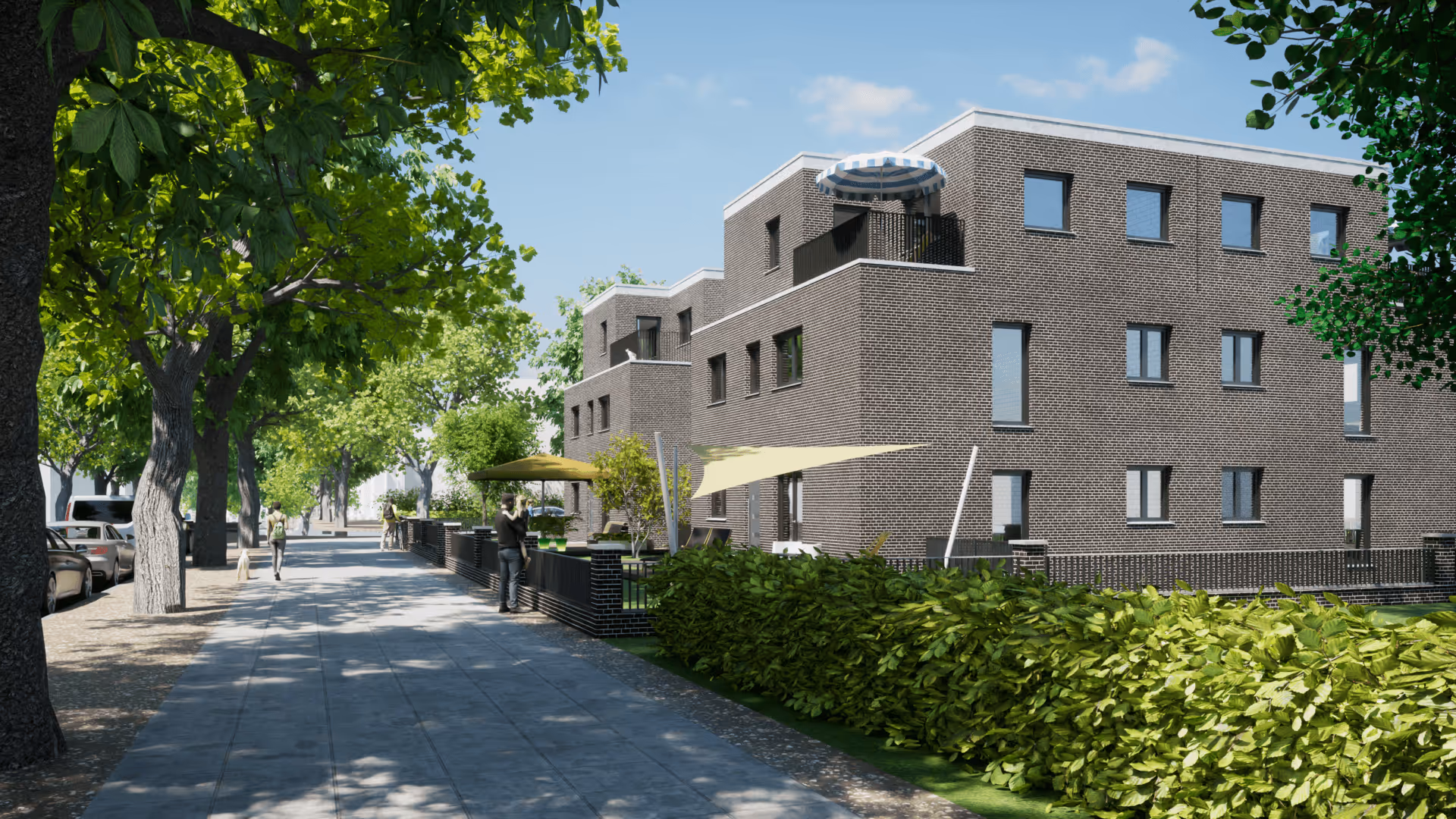 Neubau Mehrfamilienhaus 8 Wohneinheiten 2 Gebäude mit Klinker Straßenansicht