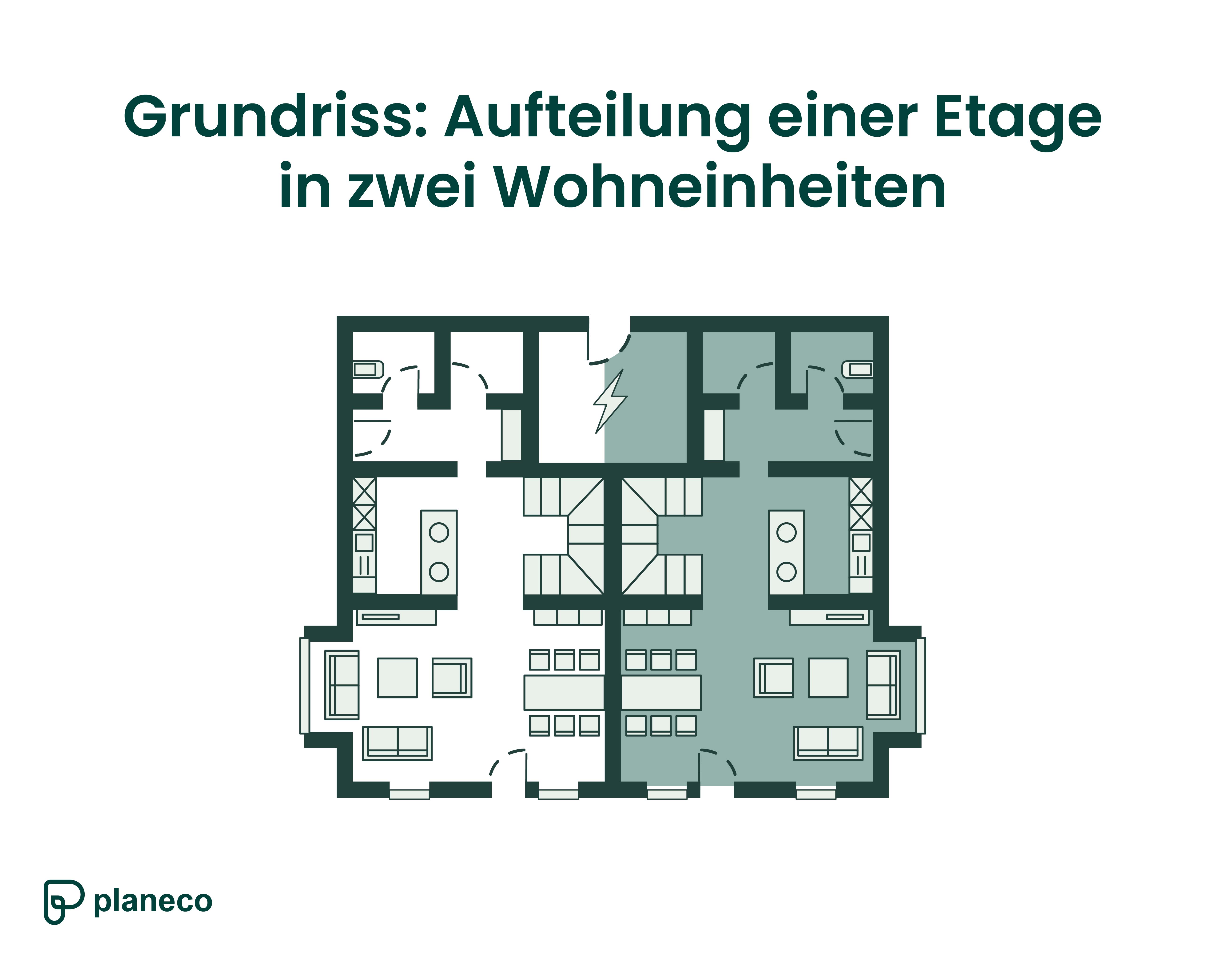 Grundriss einer Hausaufteilung in 2 Wohnungen mit Trennwänden und separaten Eingängen und Treppenhäusern