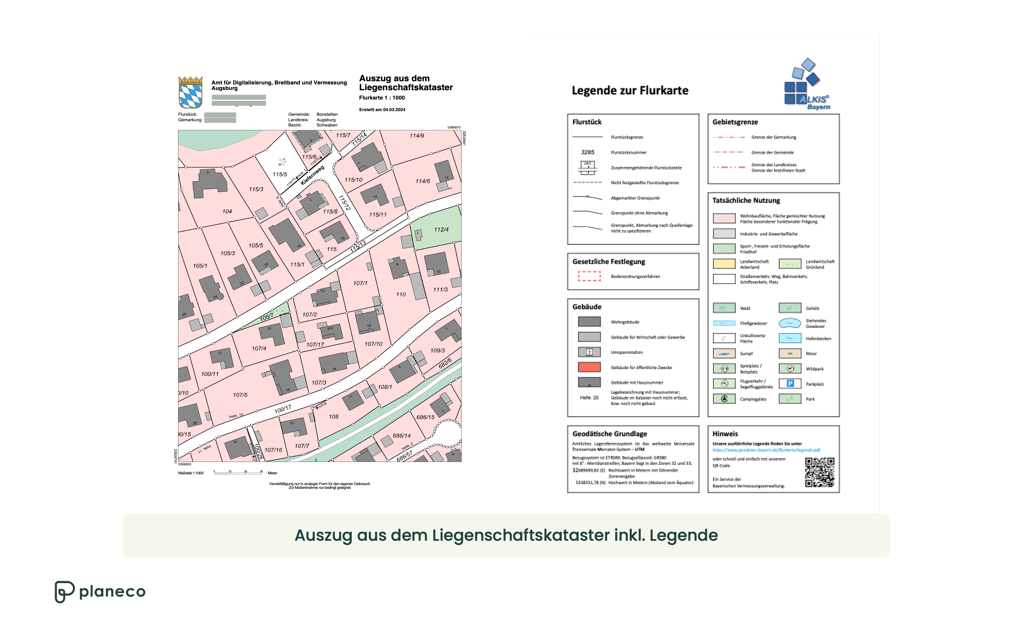 Beispiel eines Katasterauszugs, der online für ein Grundstück in Bayern beantragt wurde.