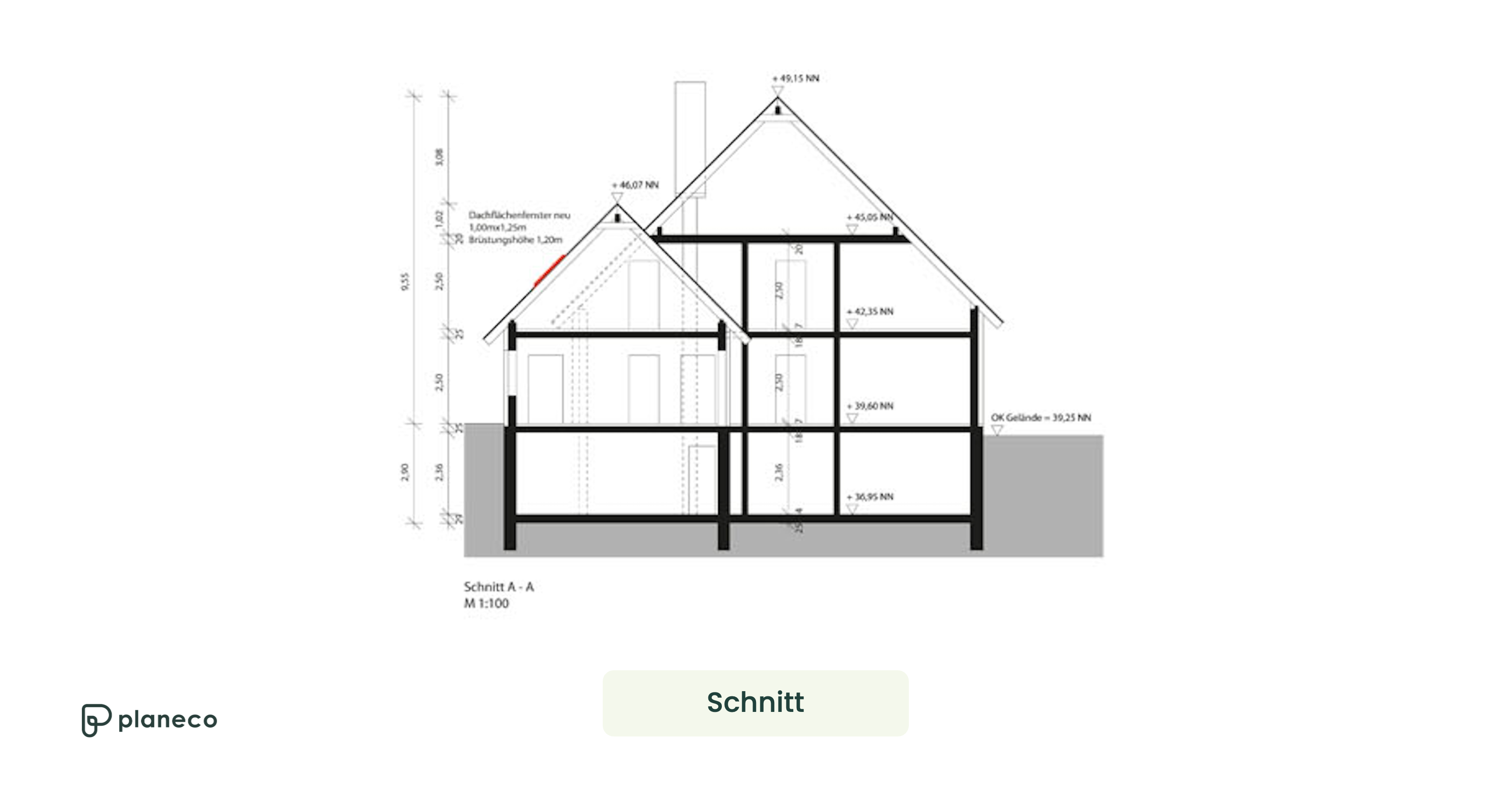 Exemplarische Ansicht eines Schnittes eines Wohnhauses mit vorgebauter Garage.