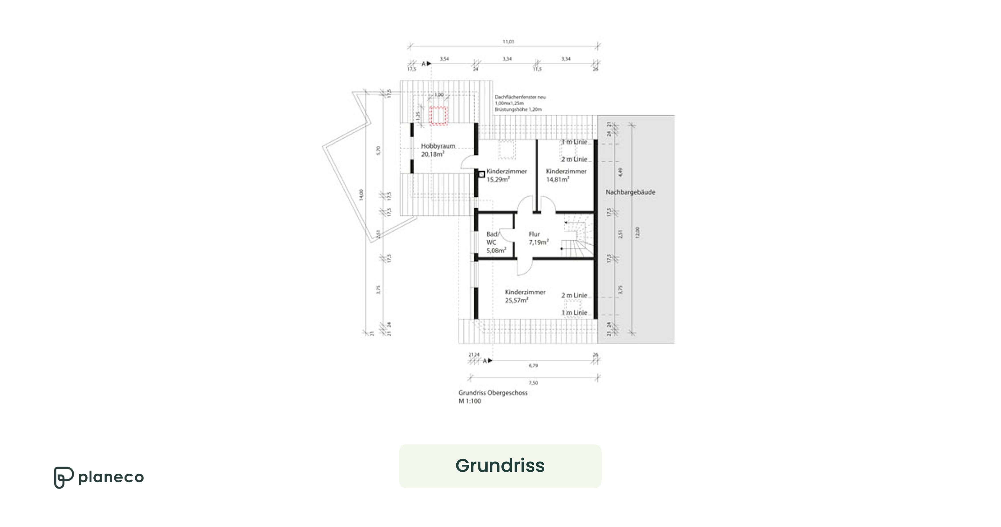 Exemplarische Ansicht eines Grundrisses zum Obergeschoss eines Wohnhauses.