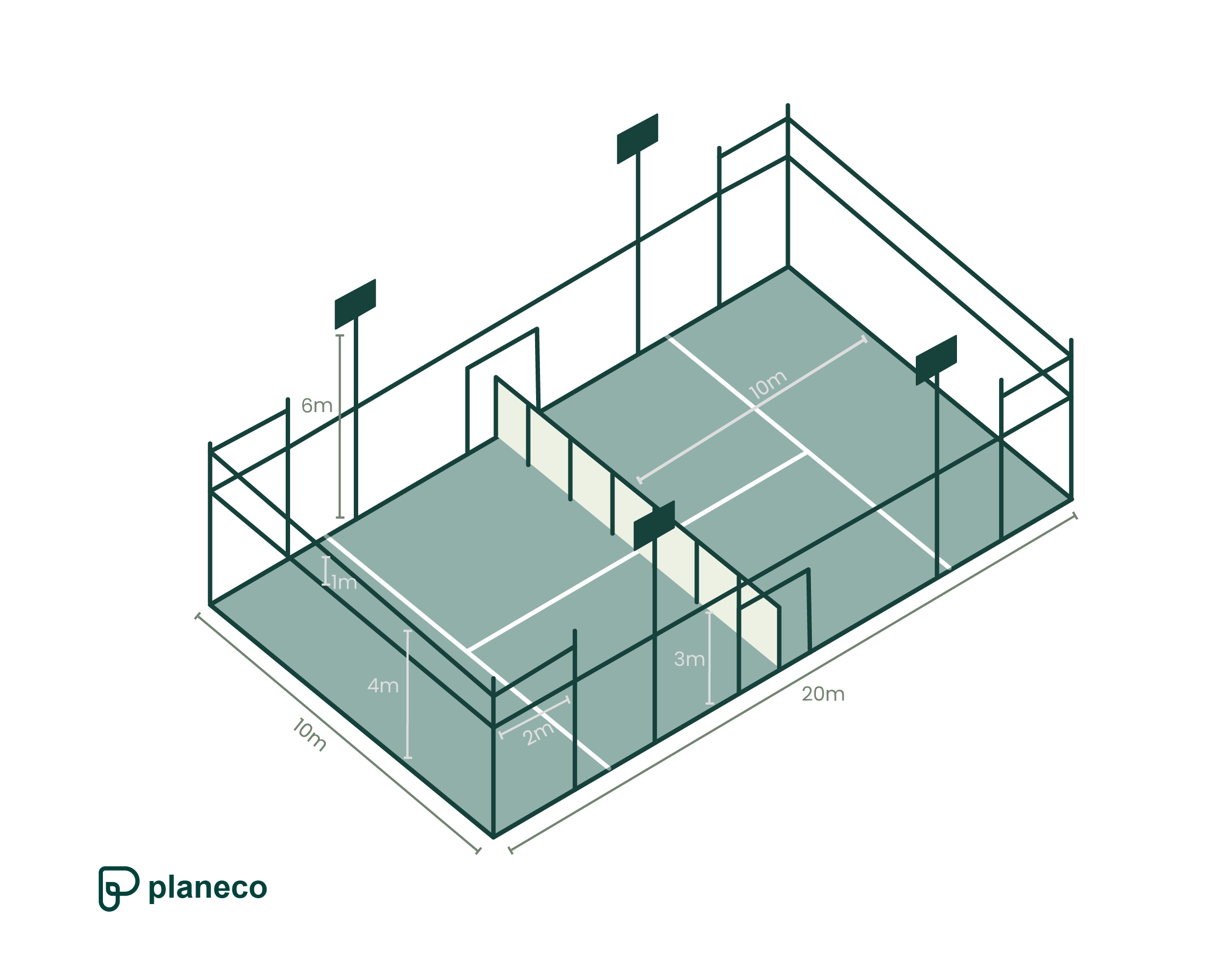 Grundriss-Grafik einer Padel-Halle mit Abmessungen