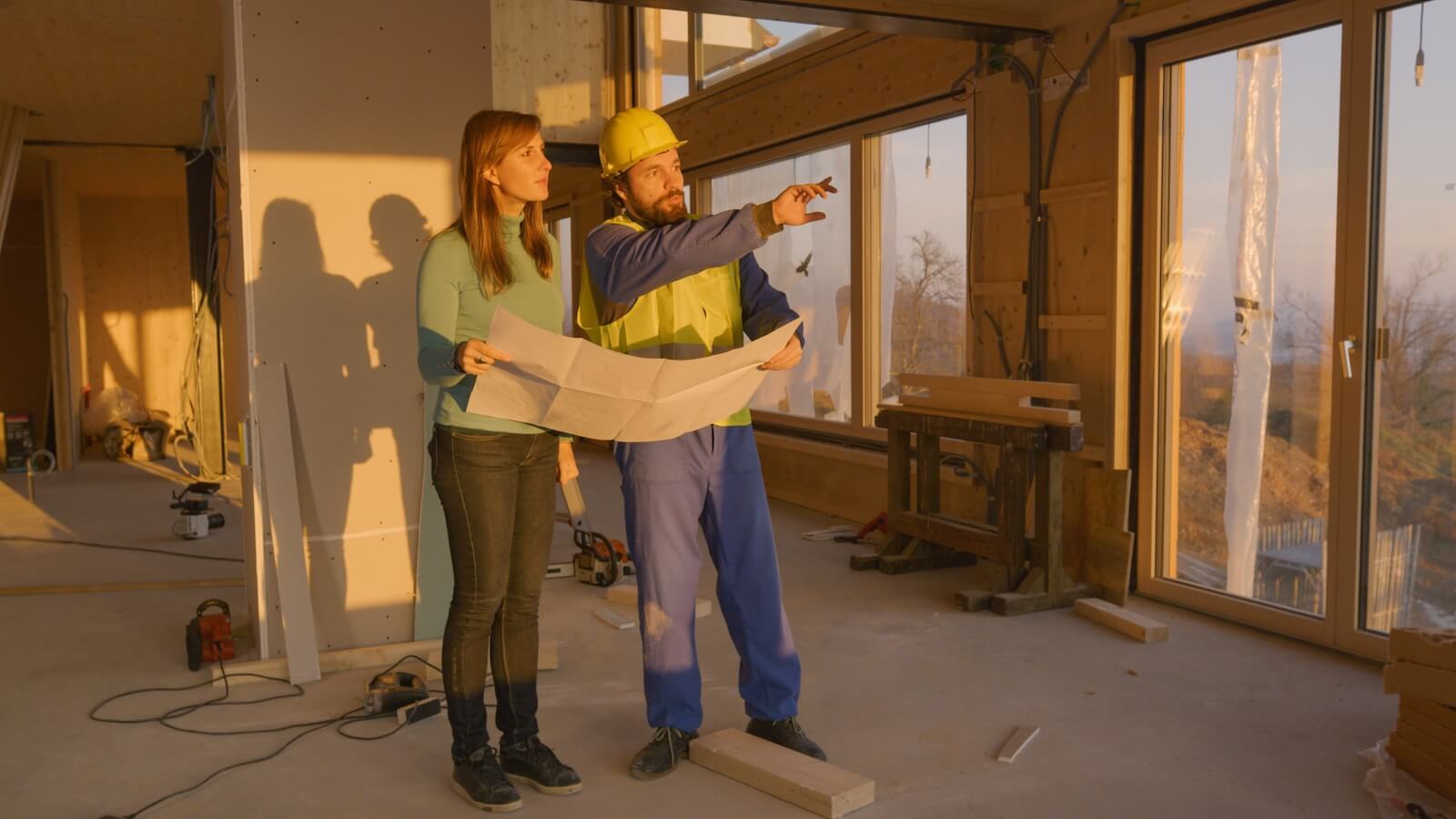 Statiker und Bauherrin besprechen die Tragwerksplanung beim Umbau eines Hauses
