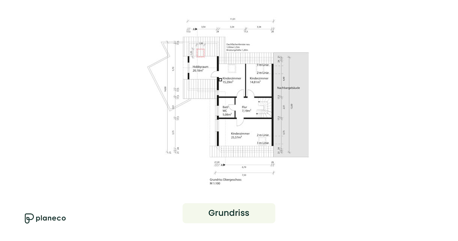 Exemplarische Ansicht eines Grundrisses zum Obergeschoss eines Wohnhauses.