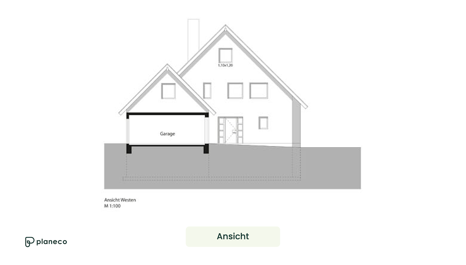 Exemplarische Ansicht einer West-Ansicht eines Wohnhauses mit vorgebauter Garage.