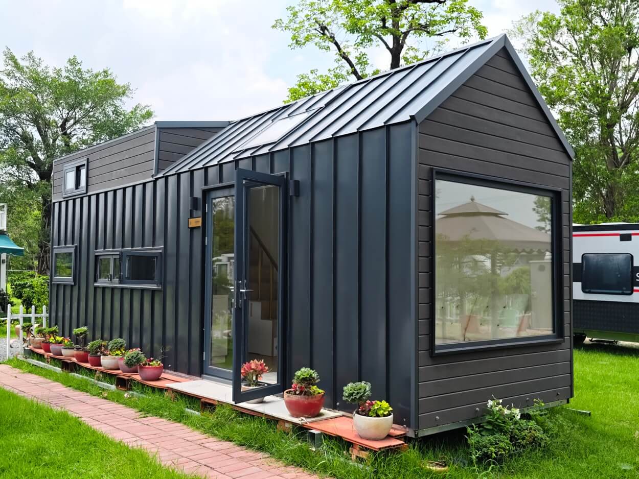 Schwarzes Tiny House steht auf einem Campingplatz