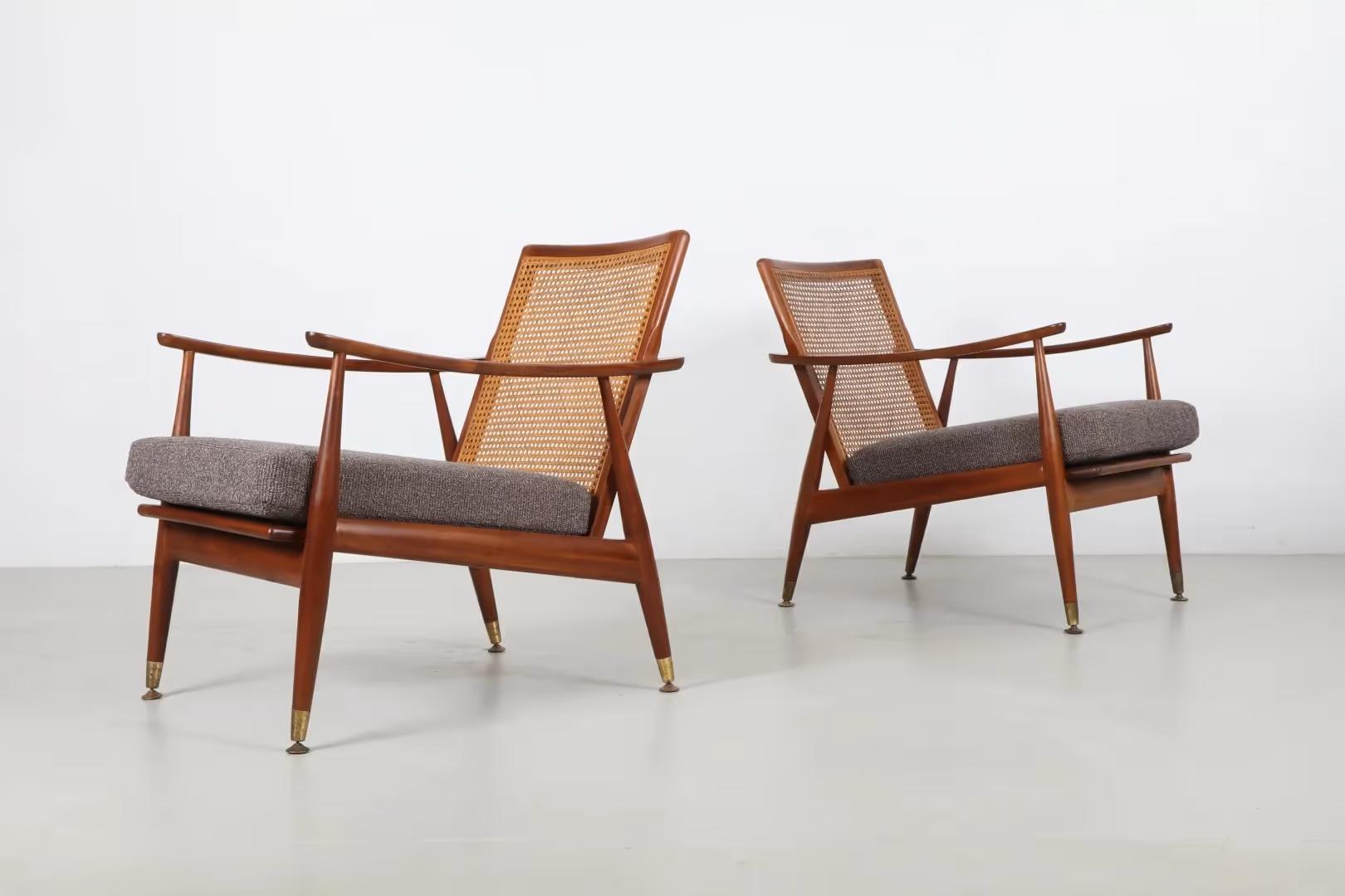 Sleek NZ Mid-Century Armchairs with Rattan Back