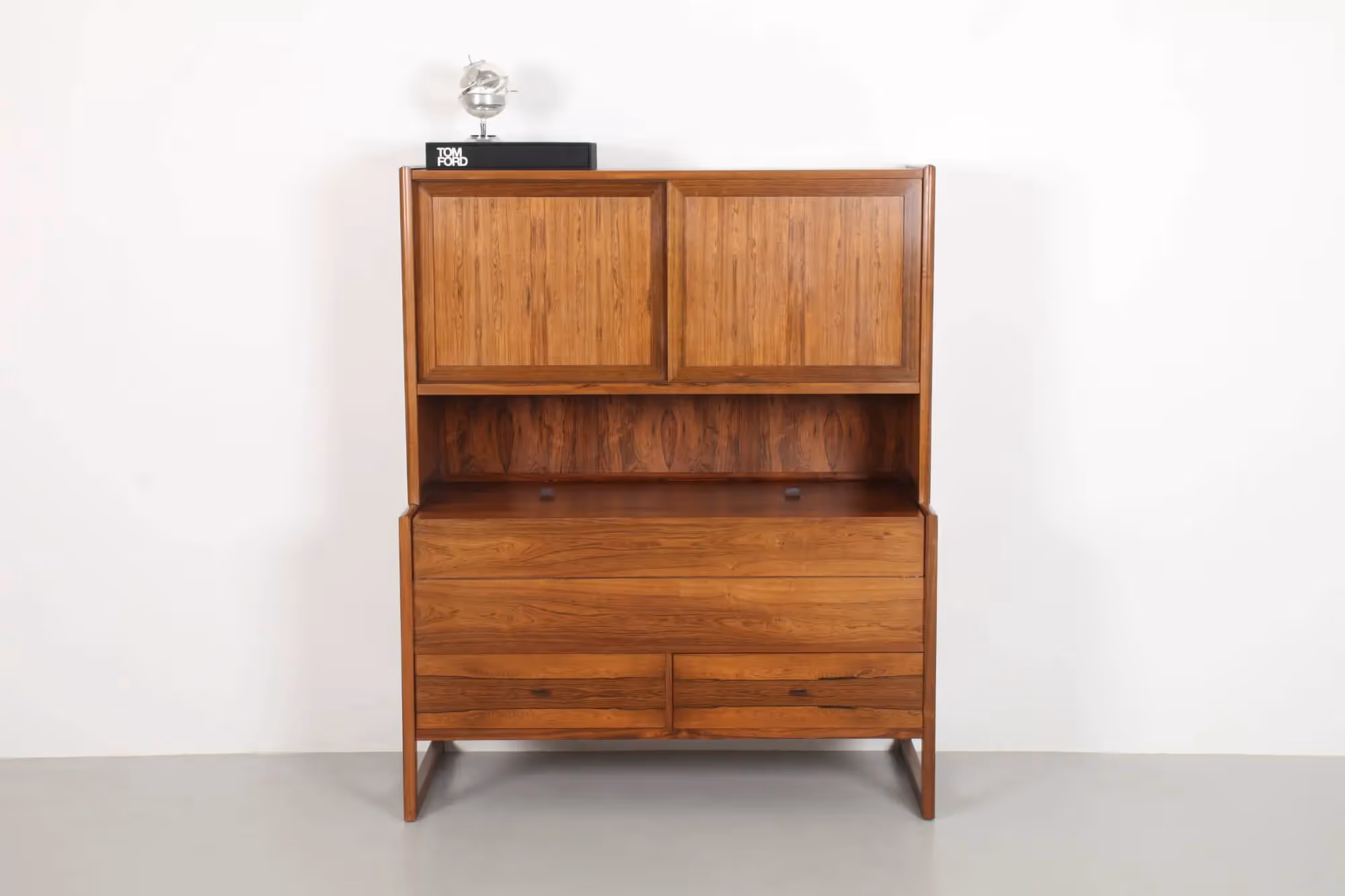 Minimalist Arne Wahl Iversen (Attr) Sleigh Leg Tall Sideboard / Bar Cabinet