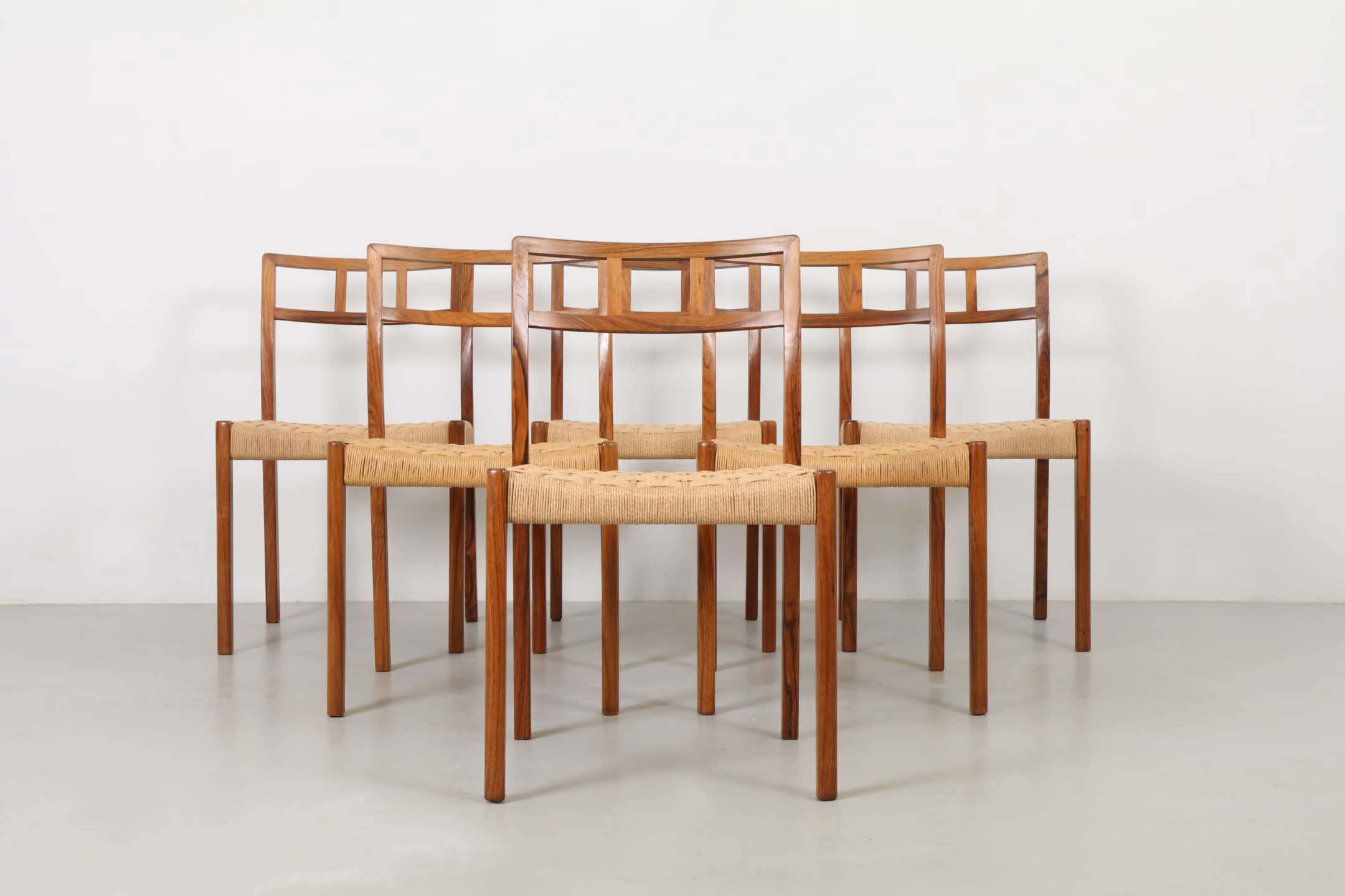 Six Elegant Danish Mid-Century Rosewood and Rope Cord Dining Chairs