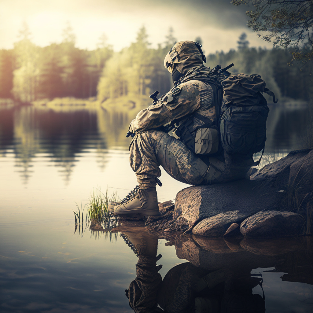 Soldier holding a gun in his hands near by a lake
