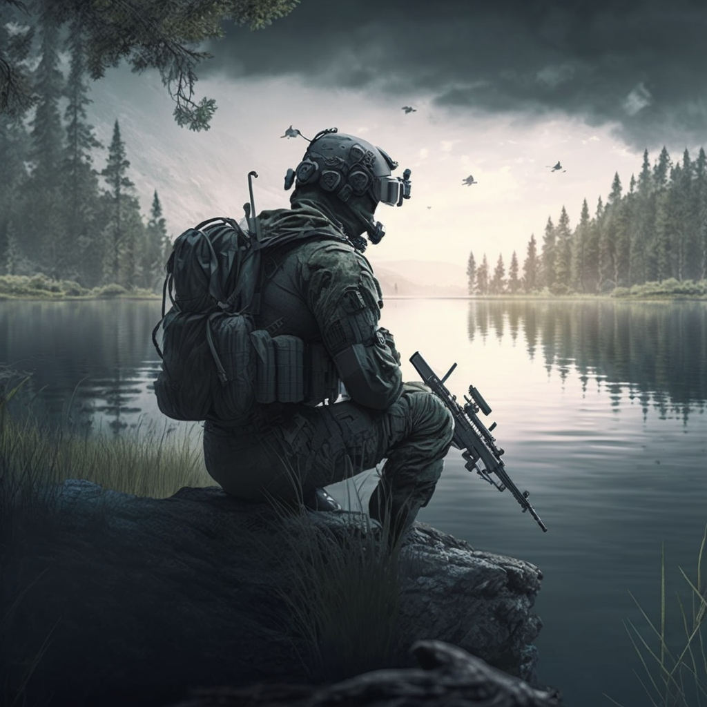 Soldier holding a gun in his hands near by a lake