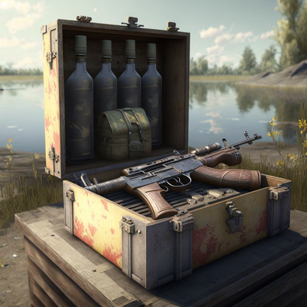 A box containing a weapon and some bottles