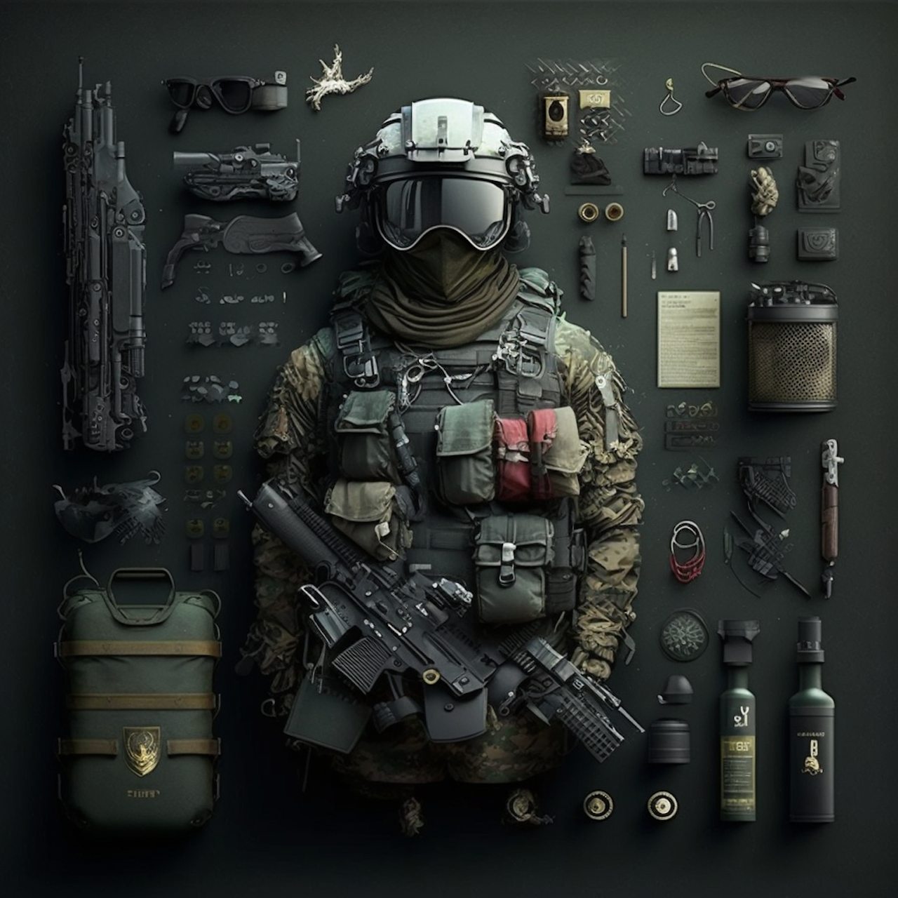 Military gear handing on the wall.